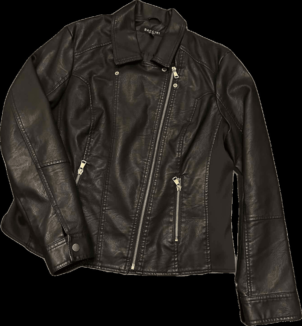 Baccini Black Faux Leather Motorcycle Jacket with Scuba Panels
